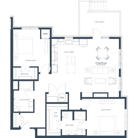 Floor plan for 2 beds, 2 baths, 1383 sqft